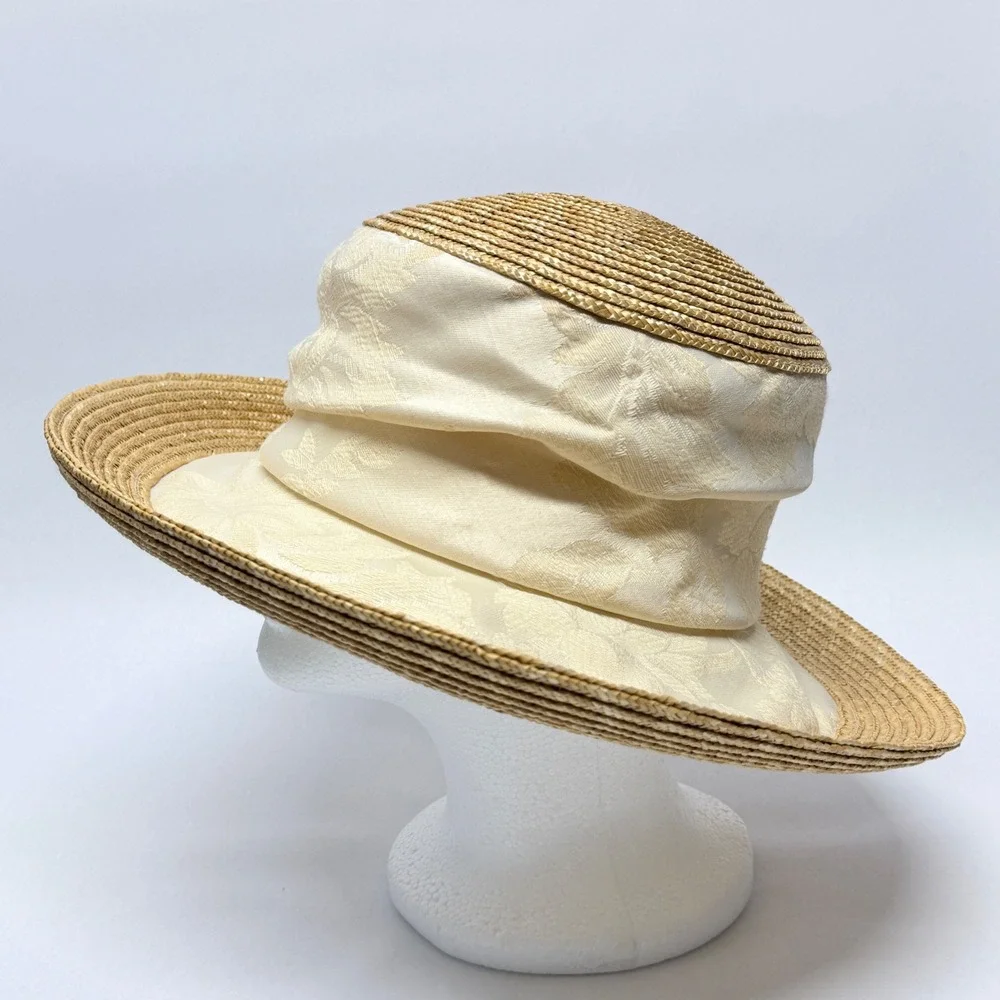 Betmar New York Womens Straw Sun Hat Cream Floral Jacquard Wide Brim New